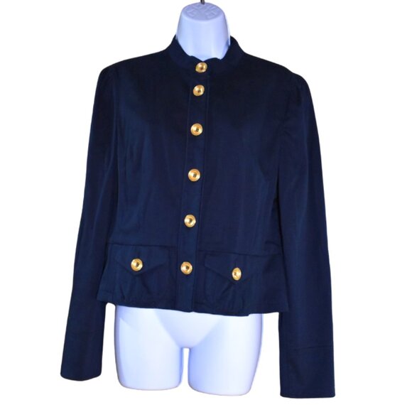 INC Navy Blue Cropped Jacket Size L Gold Button Lightweight Chic Blazer - Picture 1 of 14